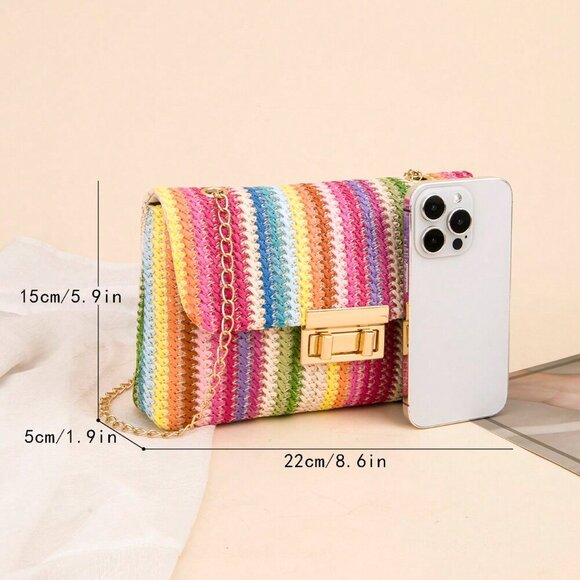 Multicolor Casual Women's Chain Shoulder Bag Small Square Woven Colorful Bag - Picture 3 of 5